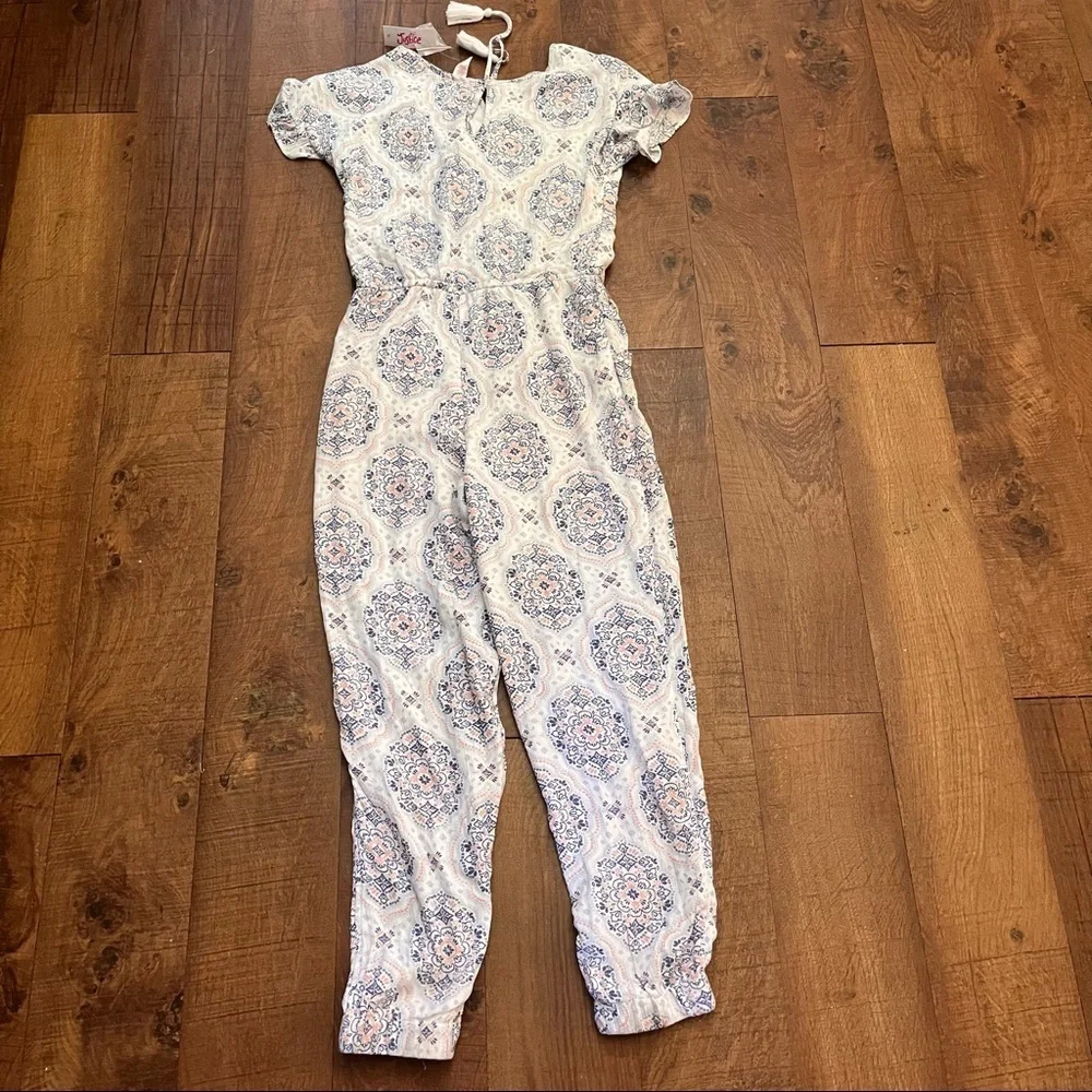 NWT justice girls one piece romper elastic waist tassels Sz 16 blue white